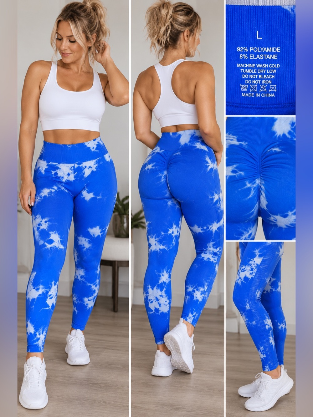 Blue White Tie Dye Scrunch Butt High Waist Seamless Leggings Size Large
